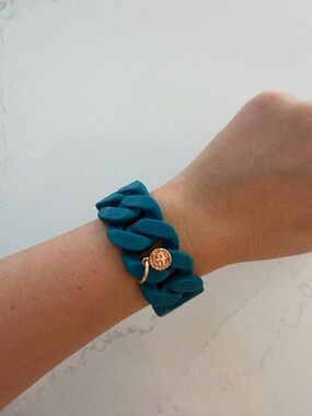 Marc By Marc Jacobs Teal Chunky Rubber Bracelet with Rose Gold Charm